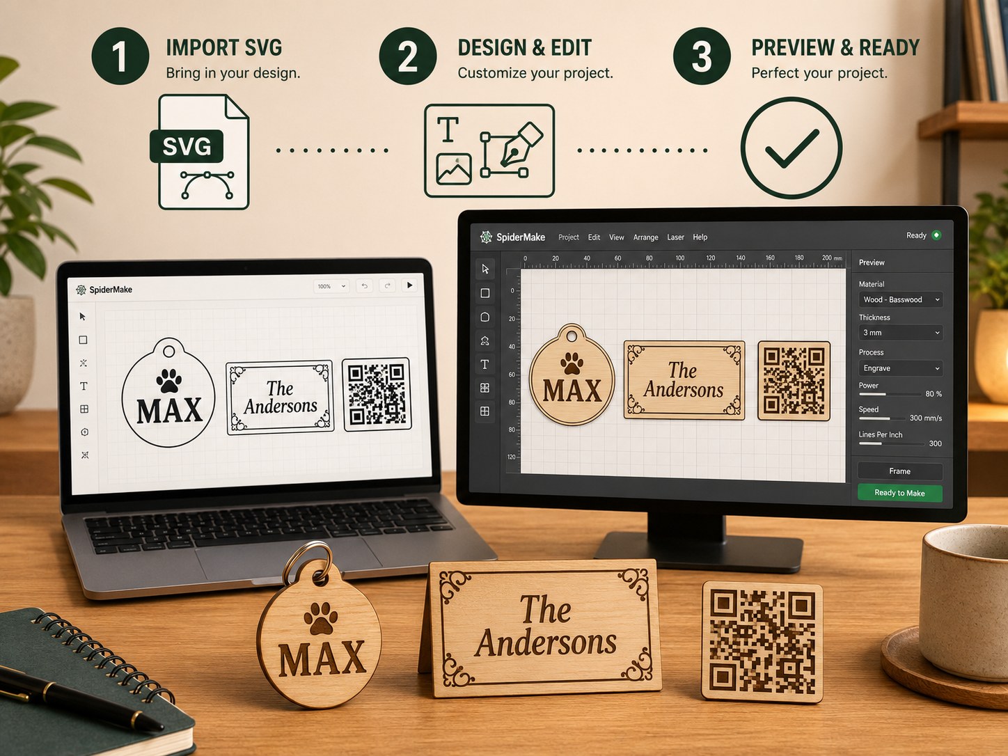 SpiderMake workflow showing SVG import, editing, preview, and finished laser products