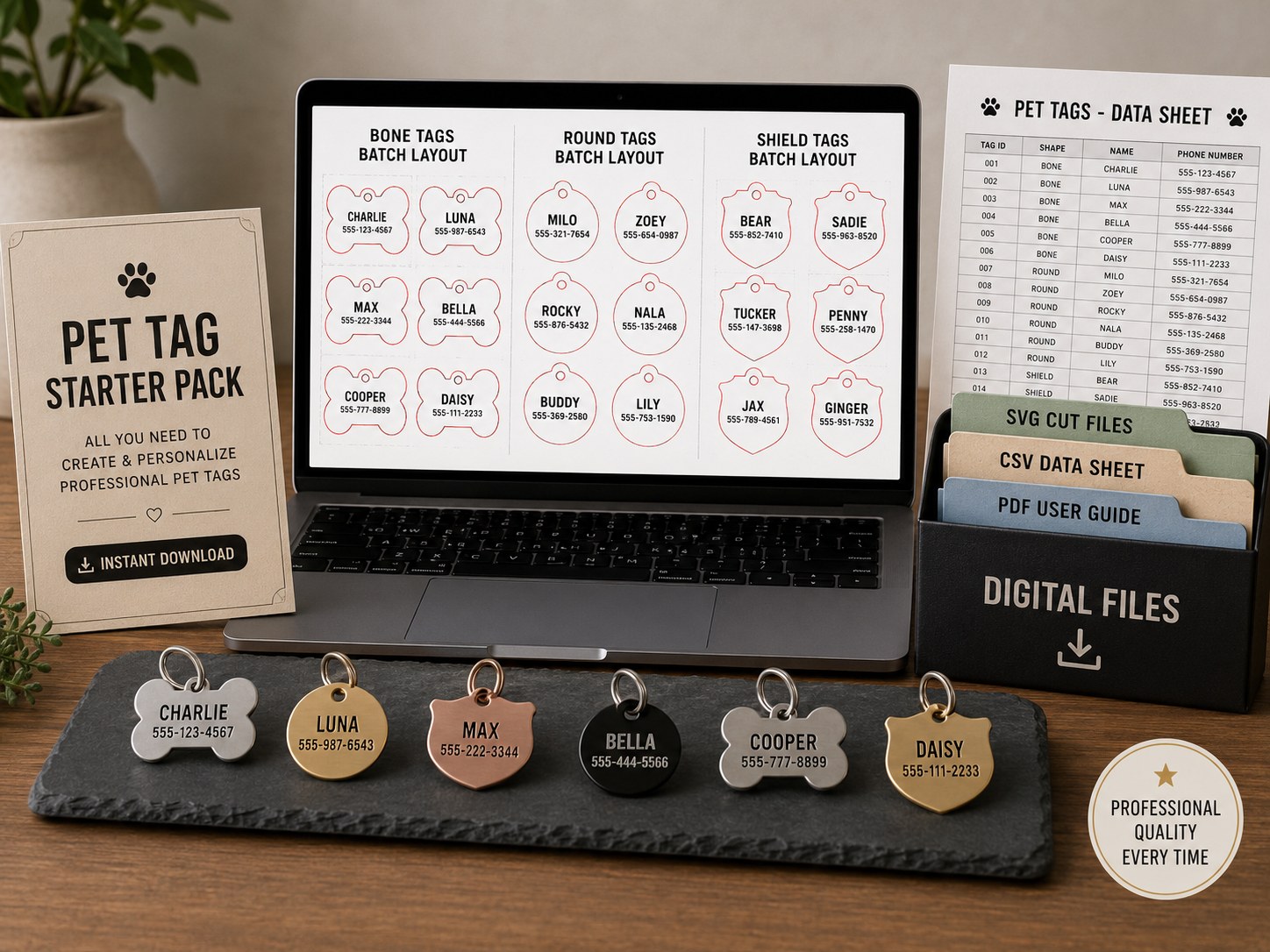 Pet tag starter pack with laptop preview and finished tags